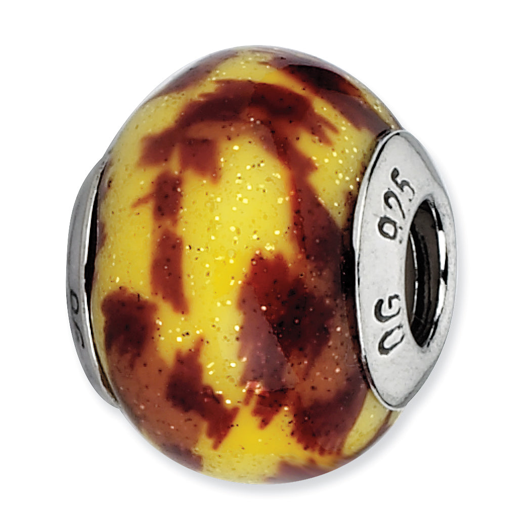 Sterling Silver Reflections Yellow & Brown Glitter Overlay Glass Bead