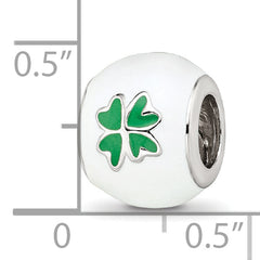 Sterling Silver Reflections Rhodium-plated White & Green Enamel Clover Bead