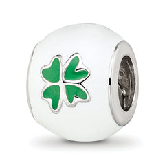 Sterling Silver Reflections Rhodium-plated White & Green Enamel Clover Bead