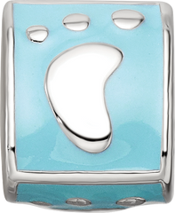 SS Reflections Rh-plated Blue Enamel 3-side Baby Footprint Bead