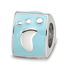SS Reflections Rh-plated Blue Enamel 3-side Baby Footprint Bead