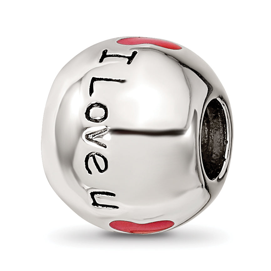 Sterling Silver Reflections Rh-plated Black & Red Enamel I LOVE U Bead