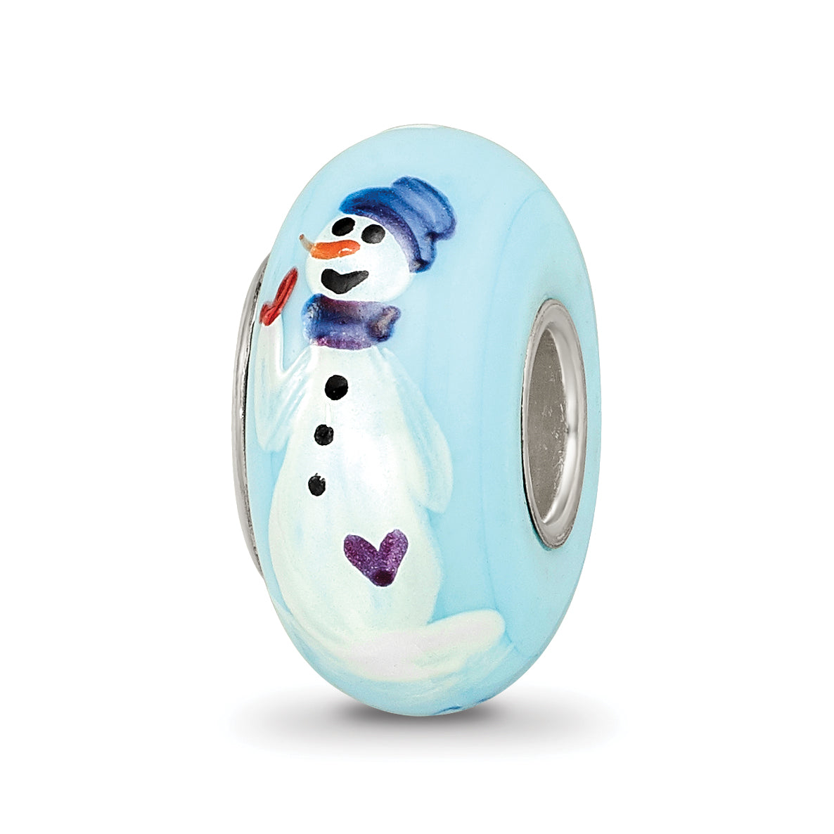 Ster.Silver Reflections Blue Hand Painted Snowman Fenton Glass Bead