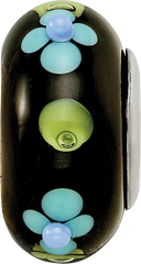 Ster.Silver Reflections Black Hand Painted Blue Floral Fenton Glass Bead