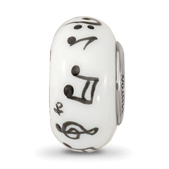 Ster.Silver Reflections White Hand Painted Music Notes Fenton Glass Bead