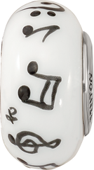 Ster.Silver Reflections White Hand Painted Music Notes Fenton Glass Bead