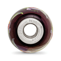 Ster.Silver Reflections Purple Hand Painted Magnolias Fenton Glass Bead