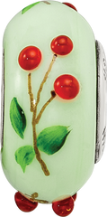 Ster.Silver Reflections Green Hand Painted Cherries Fenton Glass Bead