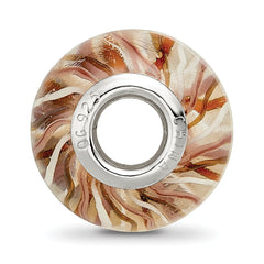 Sterling Silver Reflections Rh-plated Brown and White Striped Glass Bead