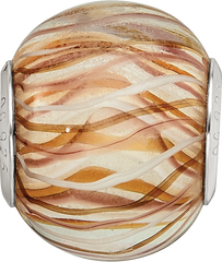 Sterling Silver Reflections Rh-plated Brown and White Striped Glass Bead