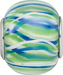Sterling Silver Reflections Rh-plated Blue Green & White Striped Glass Bead