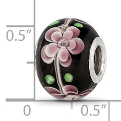 Sterling Silver Reflections Rh-plated Pink & Green Floral Black Glass Bead