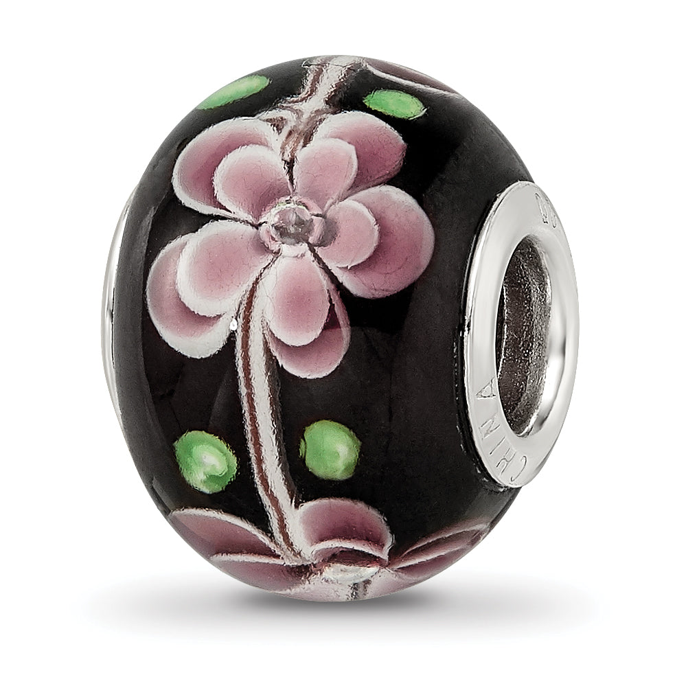 Sterling Silver Reflections Rh-plated Pink & Green Floral Black Glass Bead