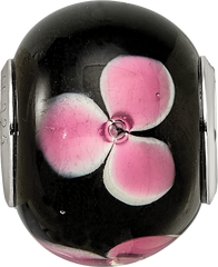 Sterling Silver Reflections Rh-plated Pink Floral Black Glass Bead