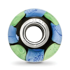 Sterling Silver Reflections Rh-plated Blue and Green Dot Black Glass Bead