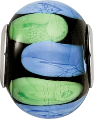 Sterling Silver Reflections Rh-plated Blue and Green Dot Black Glass Bead