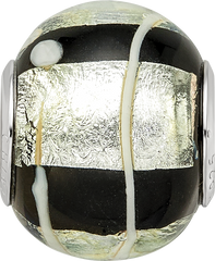 Sterling Silver Reflections rh-plated Foil White Striped Black Glass Bead