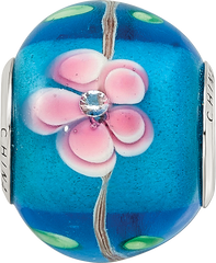 Sterling Silver Reflections rh-plated CZ Blue & Pink Floral Blue Glass Bead