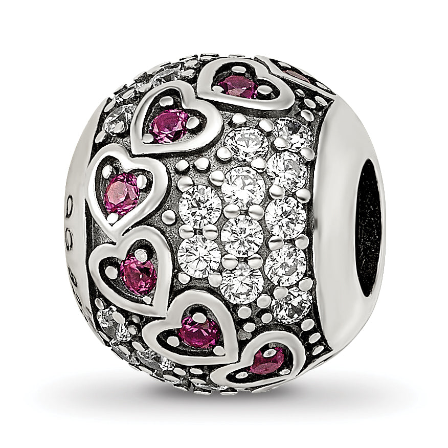 Sterling Silver Reflections Antiqued CZ & Red Corundum Hearts Bead