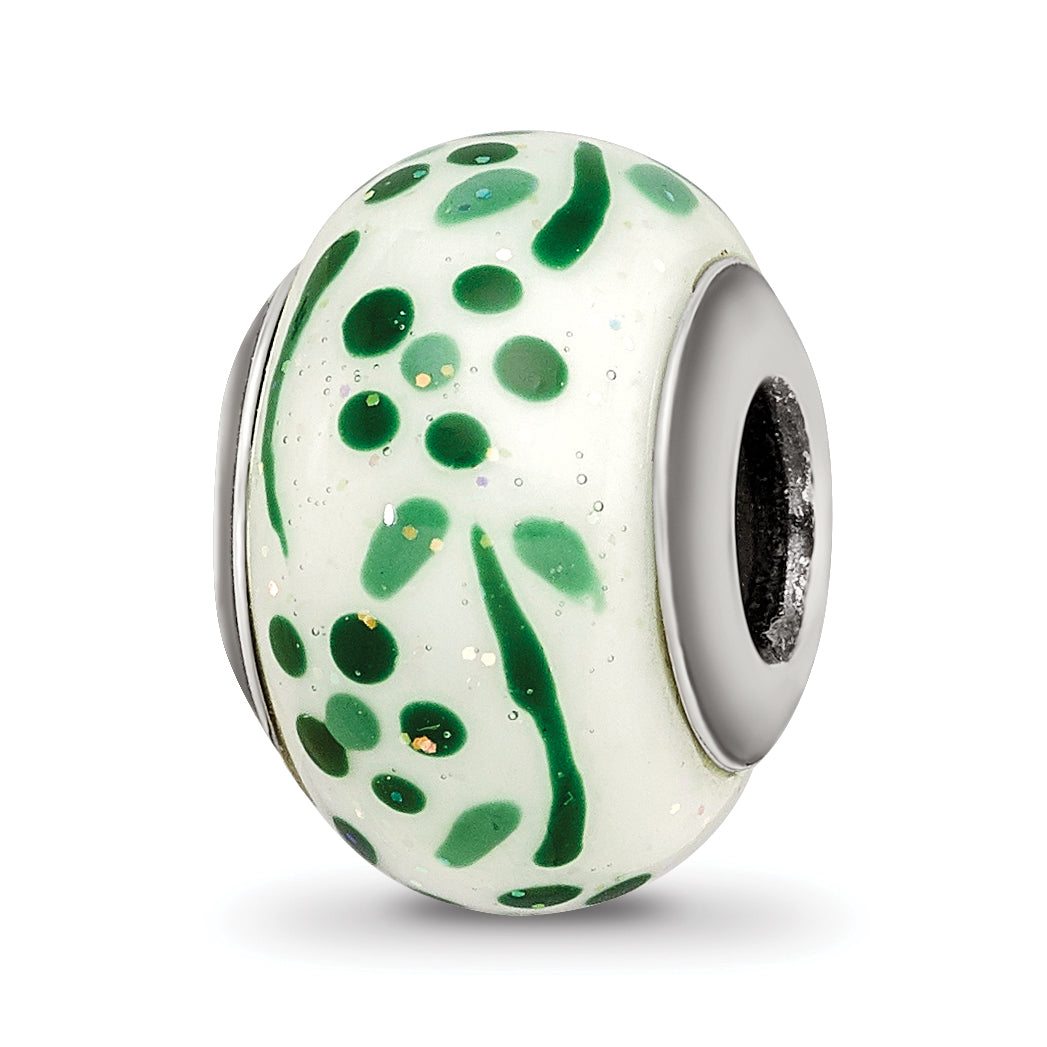 Sterling Silver Reflections Green Glitter Flower Italian Glass Bead