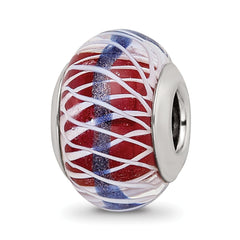Sterling Silver Reflections Pink and White Weaved Glass With Blue Stripe Bead