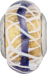 Sterling Silver Reflections White Weaved With Blue Stripe Glass Bead