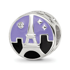 Sterling Silver Reflections Rhodium-plated CZ Eiffel Tower Scene Bead