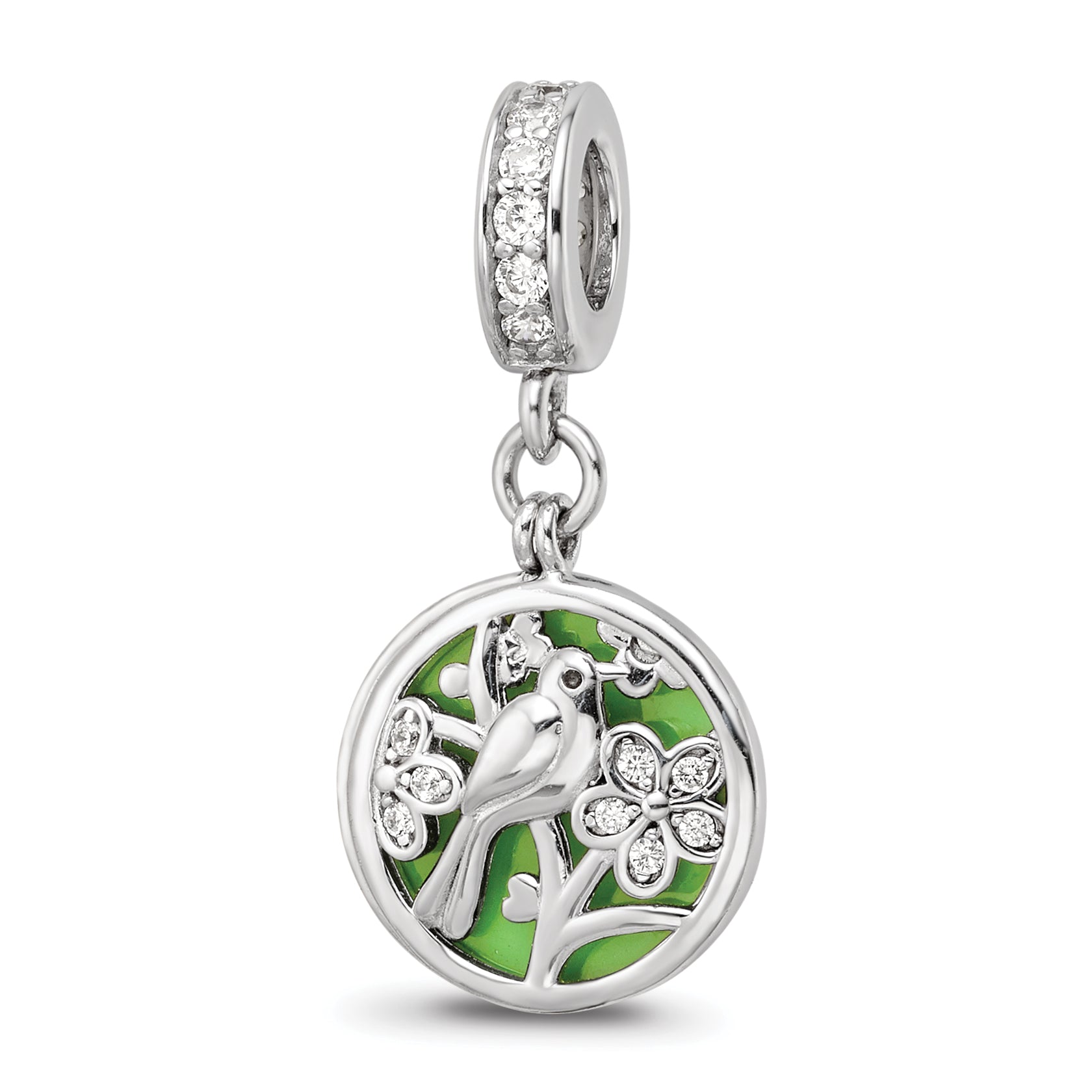 SS Reflections Rhod-plated CZ Enamel Bird/Flower 2-piece Dangle Bead