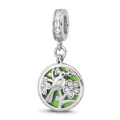 SS Reflections Rhod-plated CZ Enamel Bird/Flower 2-piece Dangle Bead