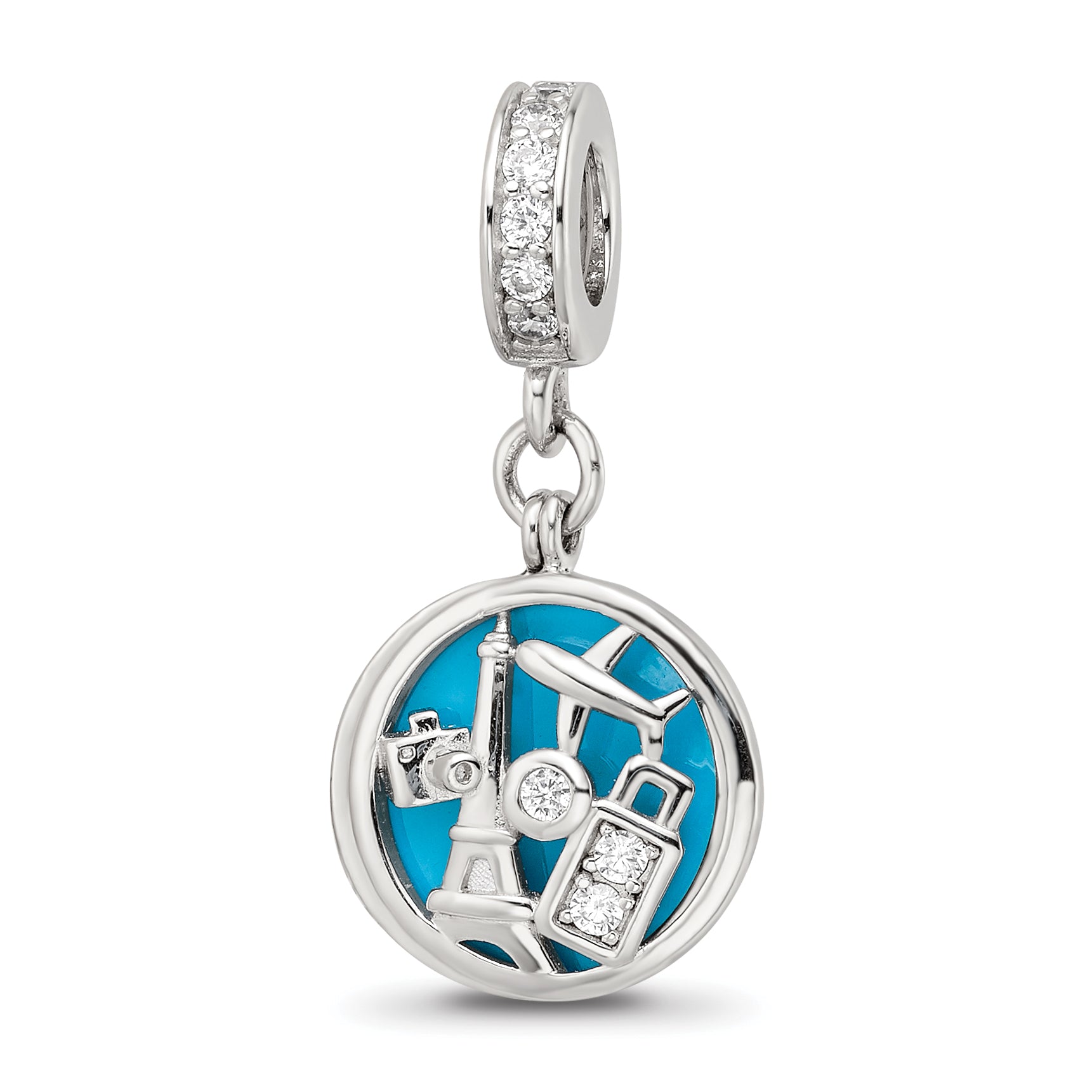 Sterling Silver Reflections Rhod-plated CZ Enamel Travel Dangle Bead