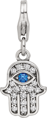 SS Reflections Rhod-plated CZ & Blue Spinel Hamsa/Chamseh Click-On Bead
