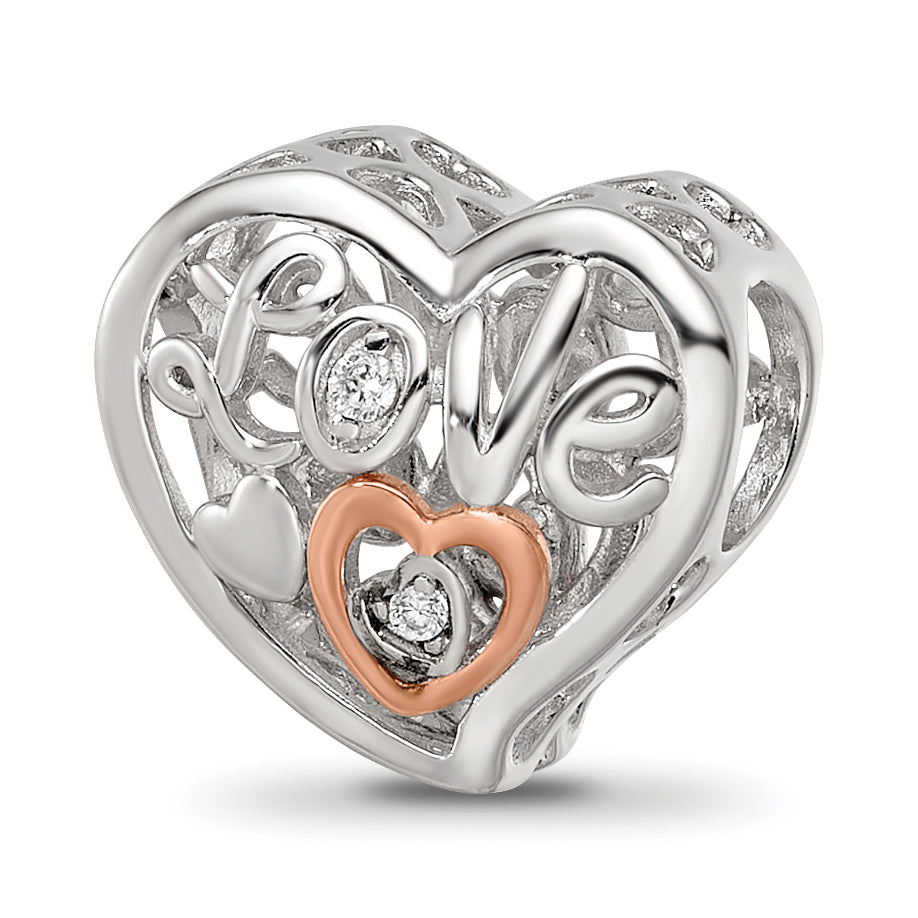 Sterling Silver Reflections Rhodium and Rose Gold-plated CZ Love Heart Shaped Bead