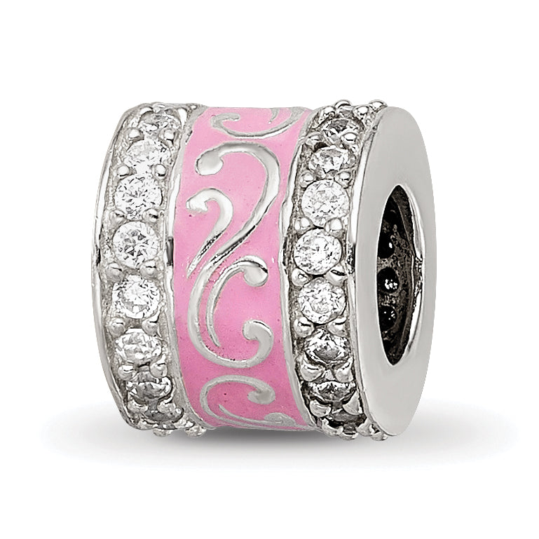 Sterling Silver Reflections Pink Enamel CZ Swirl Design Bead
