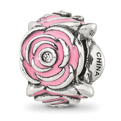 Sterling Silver Reflections Pink Enamel and CZ Floral Bead