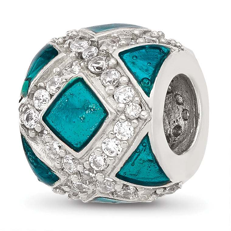 Sterling Silver Reflections CZ Teal Enameled Fancy Bead