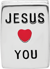 SS Reflections RH-plated Enamel &CZ Cross Jesus Loves You Square Bead