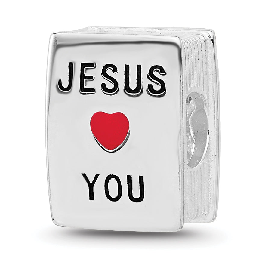 SS Reflections RH-plated Enamel &CZ Cross Jesus Loves You Square Bead