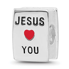 SS Reflections RH-plated Enamel &CZ Cross Jesus Loves You Square Bead