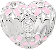 SS Reflections RH-plated Pink Enamel CZ Floral Mom Heart Bead