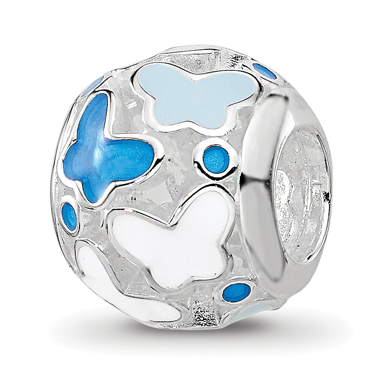 Sterling Silver Relfections Rh-plated Blue Enameled Butterflies Bead