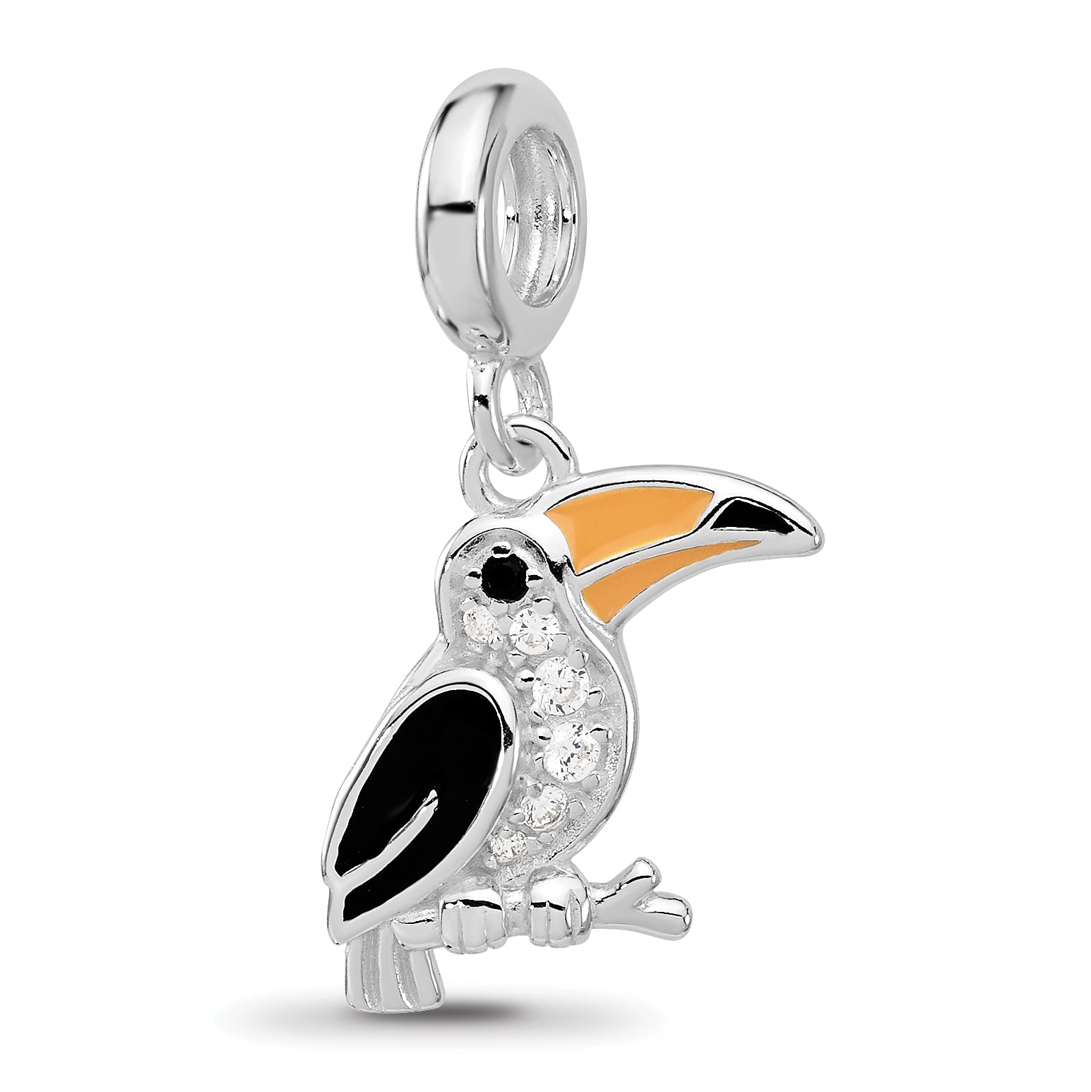Sterling Silver Reflections Rh-plated Enamel & CZ Toucan Dangle Bead
