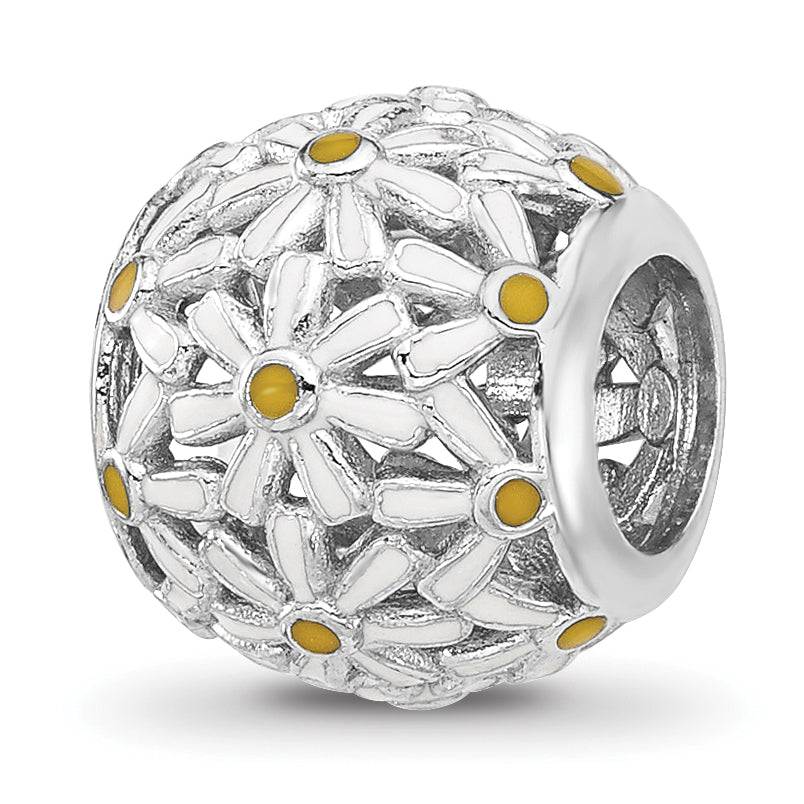 Sterling Silver Reflections Rhodium-plated Enameled Daisys Bead