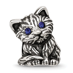Sterling Silver Reflections Antiqued Cat With Blue Crystals Bead