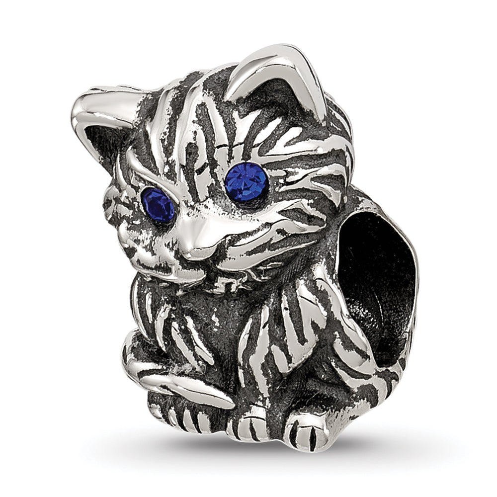 Sterling Silver Reflections Antiqued Cat With Blue Crystals Bead