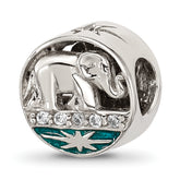 Sterling Silver Polished CZ Blue Enamel Elephant With Stars Bead