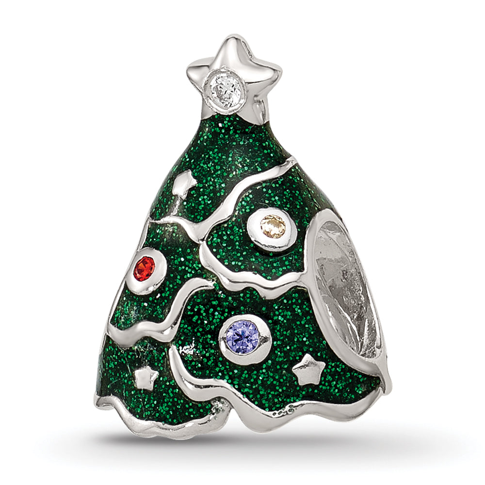Sterling Silver Reflections Enamel CZ Christmas Tree Bead