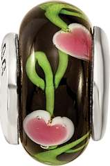 Kids Collection Sterling Silver Hand-blown Black with Floral Pattern Glass Reflections Bead
