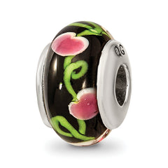 Kids Collection Sterling Silver Hand-blown Black with Floral Pattern Glass Reflections Bead