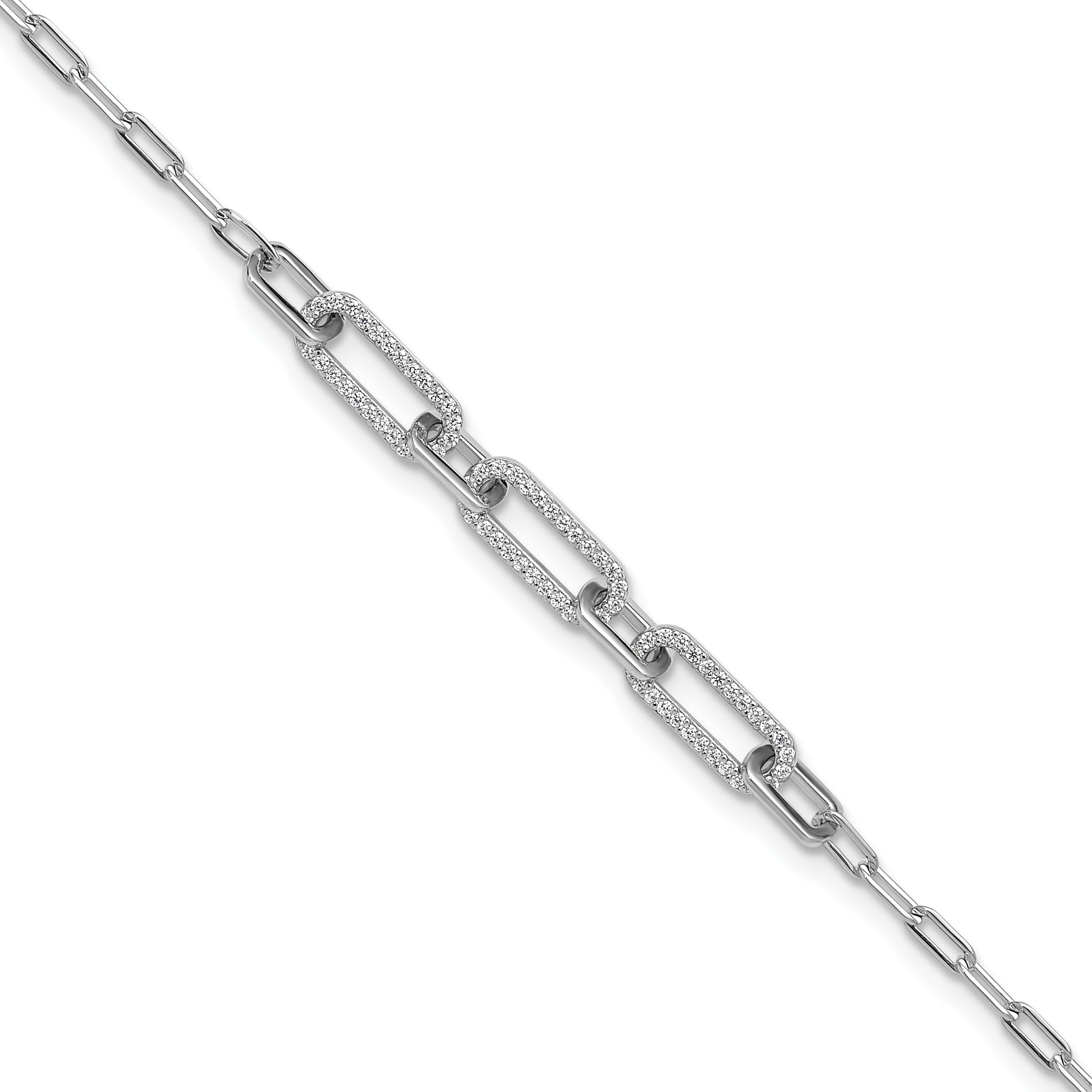Sterling Shimmer Sterling Silver Rhodium-plated 1mm CZ 78 Stone Paper Clip Link 7 inch Bracelet