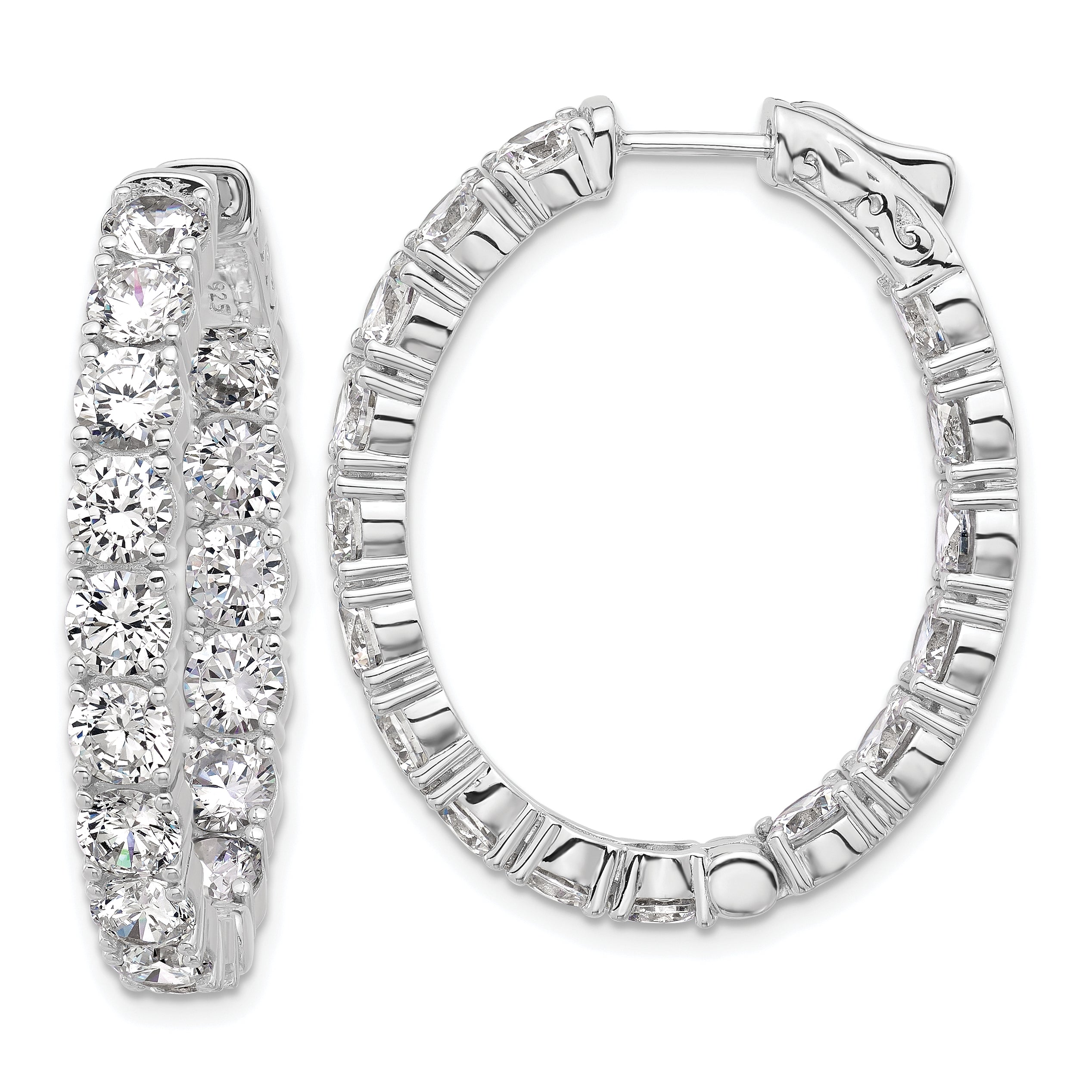 Sterling Shimmer Sterling Silver Rhodium-plated 4.25mm CZ 32 Stone Oval In and Out Hinged Hoop Earrings